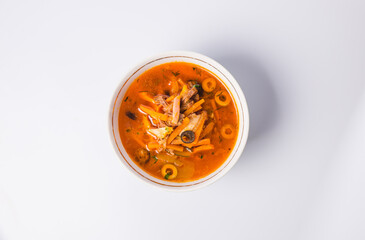 Russian and Ukrainian Cuisine - Solyanka is a Thick, Spicy and Sour Soup. Isolated on White Background