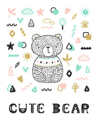ПечатьTeddy Bear with geometric memphis elements and 
