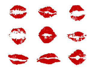 Collection of lips' prints isolated on white. Grunge effect. Vector illustration.