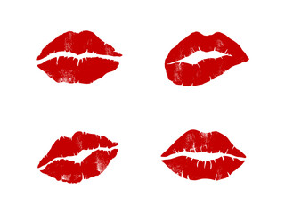 Collection of lips' prints isolated on white. Grunge effect. Vector illustration.