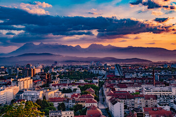 Panorama of Ljubljana from the castle hill during sunrise, Slovenia