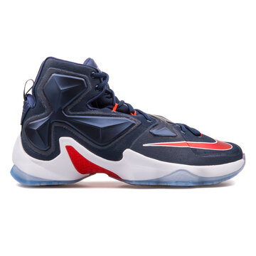 VIENNA, AUSTRIA - AUGUST 10, 2017: Nike Lebron XIII navy blue and red sneaker on white background.