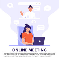 Video conference or online meeting concept. Woman having video call with friend using the laptop. Video chat with icons of social networks. Vector banner illustration.