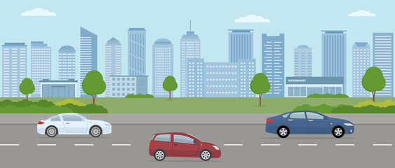 Modern city. City life illustration with house facades, road and other urban details.  Panoramic view. Flat style, vector illustration. © alazur