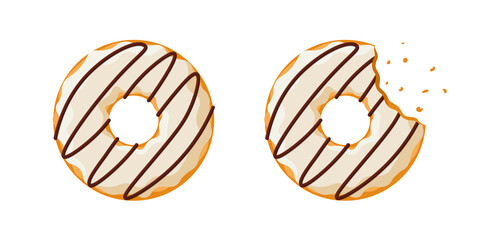 Colorful tasty donut whole and bitten set isolated on white background. White and chocolate strip glazed doughnut top view for cake cafe decoration or bakery menu design. Vector flat eps illustration