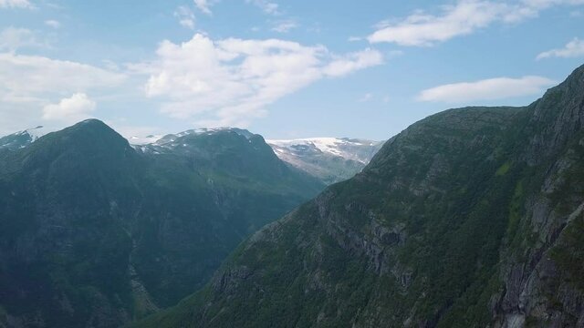 Scenery view during hiking of snowy mountains in the national park jostedalsbreen in Norway