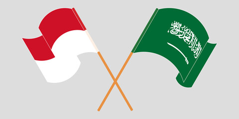 Crossed and waving flags of Indonesia and the Kingdom of Saudi Arabia