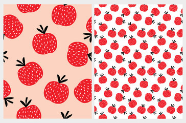 Seamless Vector Patterns with Irregular Hand Drawn Simple Apples Isolated on a White and Light Salmon Pink Background. Infantile Style Fruit Design. Red Abstract Apples Print.