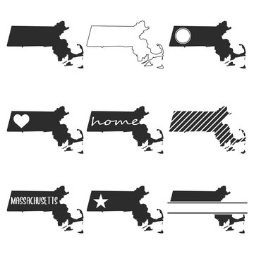 Massachusetts Map. Symbol Icon Set. Flat Vector Art Design. Clip Art Logo Collection.