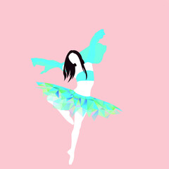 Girl dancing ballet in a tutu. Bright suit of triangles. Cheerful pose. Active lifestyle.