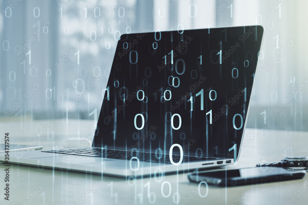 Poster creative concept of binary code illustration on modern laptop background. big data and coding concep