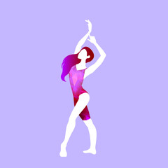 The girl goes in for sports. Pink suit made of triangles. Girl dancing. Elegant pose, bright hair.