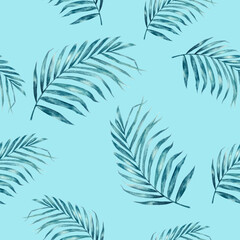 Coconut hand drawn watercolor illustration. Seamless blue tropical pattern.