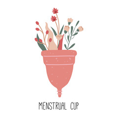 Menstrual cup, hand drawn personal hygiene items, for women in critical days, with flowers. Zero waste, eco object. Vector illustration, white isolated background. 