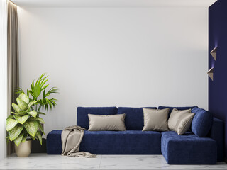 3d rendering living room with a blue sofa and a white and blue accent wall. Beige textile. Blue velvet corner sofa. Metal wall lights. Plants