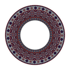 Round frame with a traditional Slavic geometric pattern in the form of embroidery on a white isolated background