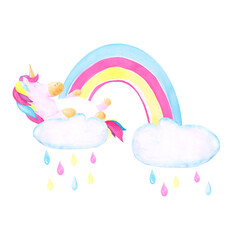 Watercolor unicorn, rainbow, and blue clouds with colorfrul drops of rain isolated. Hand-drawn cute nursery illustration. Princess unicorns poster. Colorful cartoon horse on the sky. Clipart