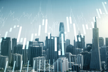 Multi exposure of virtual abstract financial graph interface on San Francisco cityscape background, financial and trading concept