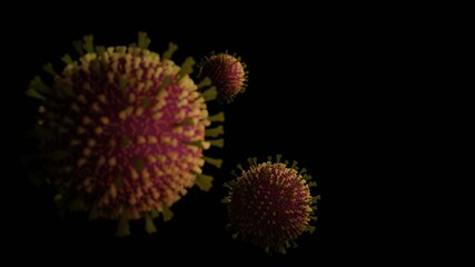 Coronavirus sars-cov-2 on a black background, multiple cells, 3D render illustration