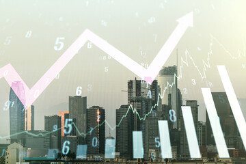 Multi exposure of virtual abstract financial graph and upward arrow on Los Angeles city skyline background, forex and investment concept