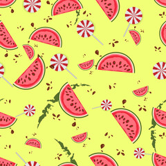  Sammer  seamless pattern with watermelon and candy. Vector illustration. Design wallpaper, fabrics, postal packaging.