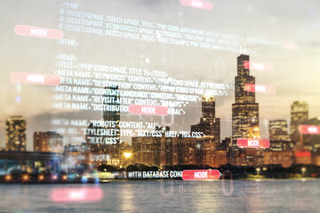 Double exposure of abstract creative programming illustration on Chicago office buildings background, big data and blockchain concept