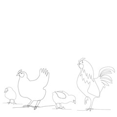 continuous line drawing of chickens and chicken, rooster