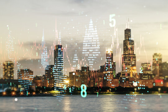 Multi exposure of virtual abstract financial diagram on Chicago office buildings background, banking and accounting concept © Pixels Hunter