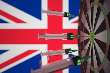 New Coronavirus vaccine syringes with text and flag of the UK as a background. British medical research and vaccination, 3D rendering