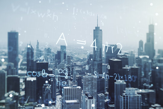 Scientific formula illustration on Chicago cityscape background, science and research concept. Multiexposure
