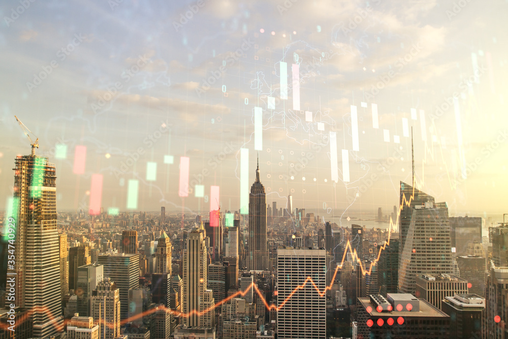 Poster multi exposure of virtual abstract financial graph hologram and world map on manhattan cityscape bac