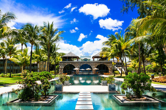 Luxury spa territory in Mauritius island with gorgeous swim pool. Tropical holidays