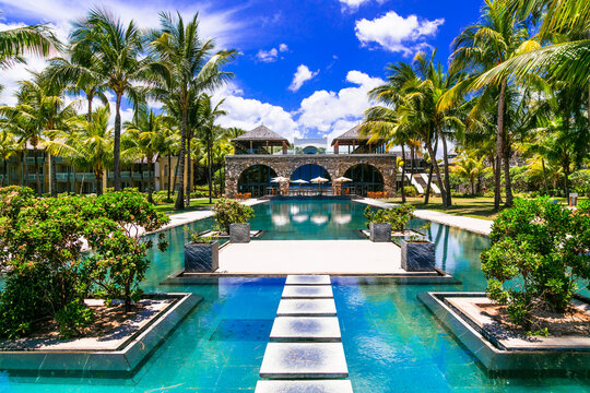 Tropical vacations. Luxury resort with gorgeous swimming pool. Mauritius island