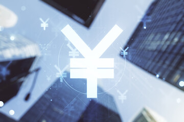 Abstract virtual Japanese Yen symbol hologram on modern architecture background, forex and currency concept. Multiexposure
