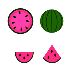 Vector flat illustration. Simple set of watermelon whole juice half quarter isolated on white. Element design for textile, fabric and other. 