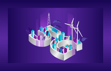 Obraz premium Concept Of 5G Network Generation. Futuristic City With 5G Internet Covering With Alternative Energy Sources. 5G Network Wireless Hi Speed Internet Wi-fi Connection. Isometric 3D Vector Illustration