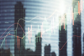 Multi exposure of abstract financial chart on office buildings background, research and analytics concept