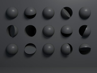 Abstract dark mockup background with black half spheres; minimal geometric concept space with semi-spheres and cylindrical holes in wall; 3d rendering, 3d illustration