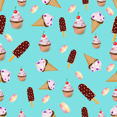  Sammer  seamless pattern with ice creme and cupcake. Vector illustration. Design wallpaper, fabrics, postal packaging.