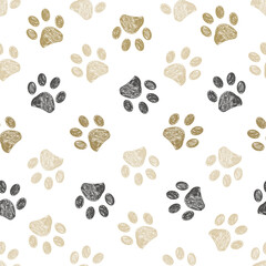 Doodle grey and gold paw print seamless fabric design repeated pattern background © Gulsen Gunel
