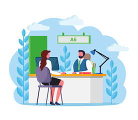 Bank manager consulting client about cash or deposit, credit operations. Banking employee, insurance agent sitting at desk with customer. Vector flat design 