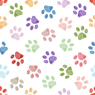 Doodle colorful paw print seamless fabric design repeated pattern background