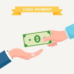 Hand hold money bills. Man giving cash. Payment by cash, donation, investment, charity. Vector flat design