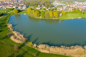 Panoramic aerial view of Lake Magny-le-Hongre, France