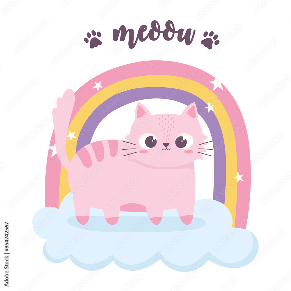 Poster cute pink cat rainbow cloud cartoon animal funny character