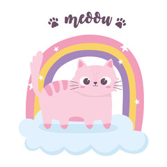 Obraz na płótnie Canvas cute pink cat rainbow cloud cartoon animal funny character