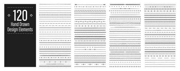Set of 120 Hand drawn design elements. Vintage line elements. Decorative drawing badges. Decoration, banners, swirls divider, emblems, arrows. Vector illustration.