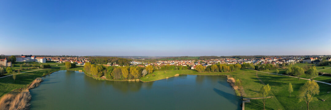 Panoramic aerial view of Lake Magny-le-Hongre, France