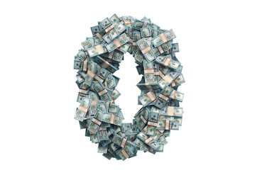 Number 0 from dollar packs. 3D rendering