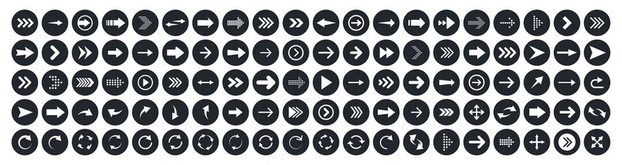 Arrows big black set 100 icons. Arrow icon. Arrow vector collection. Arrow. Cursor. Modern simple arrows. Vector illustration.